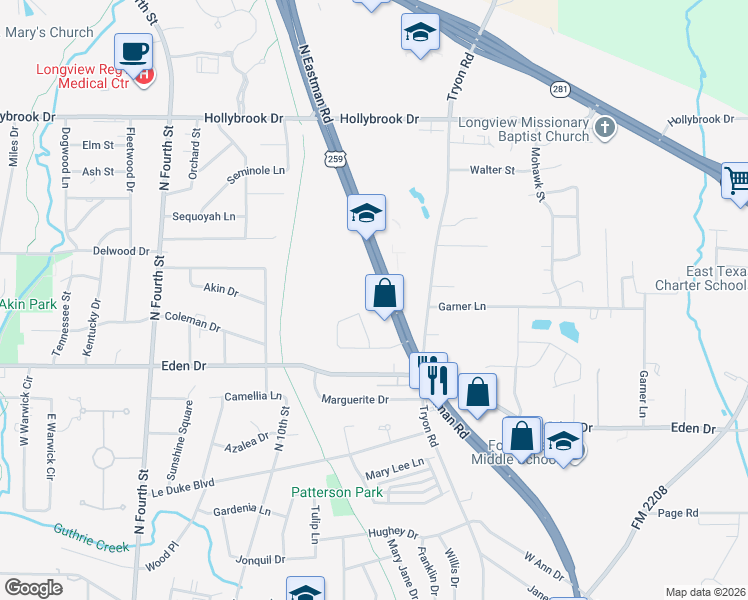 map of restaurants, bars, coffee shops, grocery stores, and more near 2451 North Eastman Road in Longview