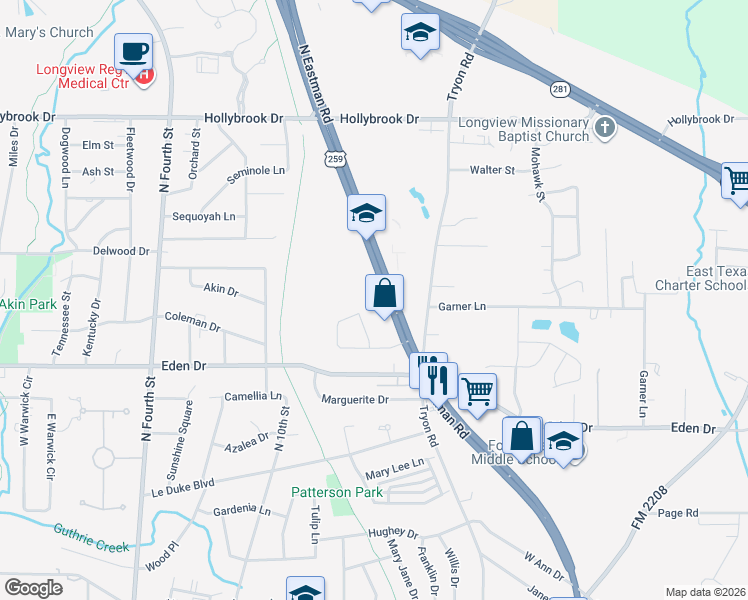 map of restaurants, bars, coffee shops, grocery stores, and more near 2451 North Eastman Road in Longview