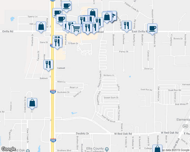 map of restaurants, bars, coffee shops, grocery stores, and more near in Red Oak