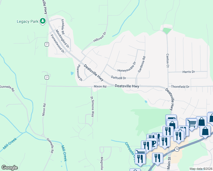map of restaurants, bars, coffee shops, grocery stores, and more near 1128 Deatsville Highway in Millbrook