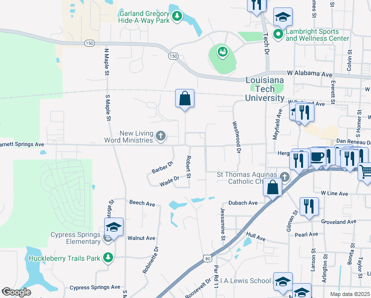 map of restaurants, bars, coffee shops, grocery stores, and more near 400 Robert Street in Ruston