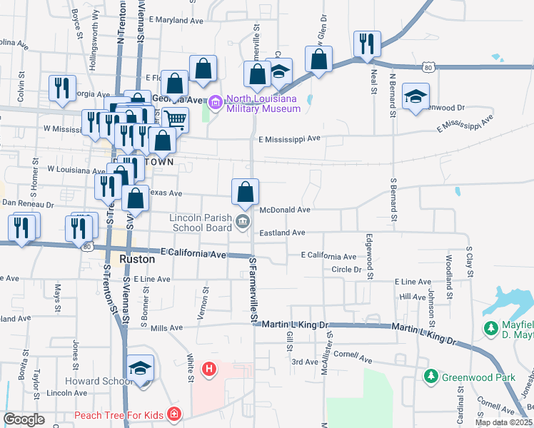 map of restaurants, bars, coffee shops, grocery stores, and more near 612 McDonald Avenue in Ruston