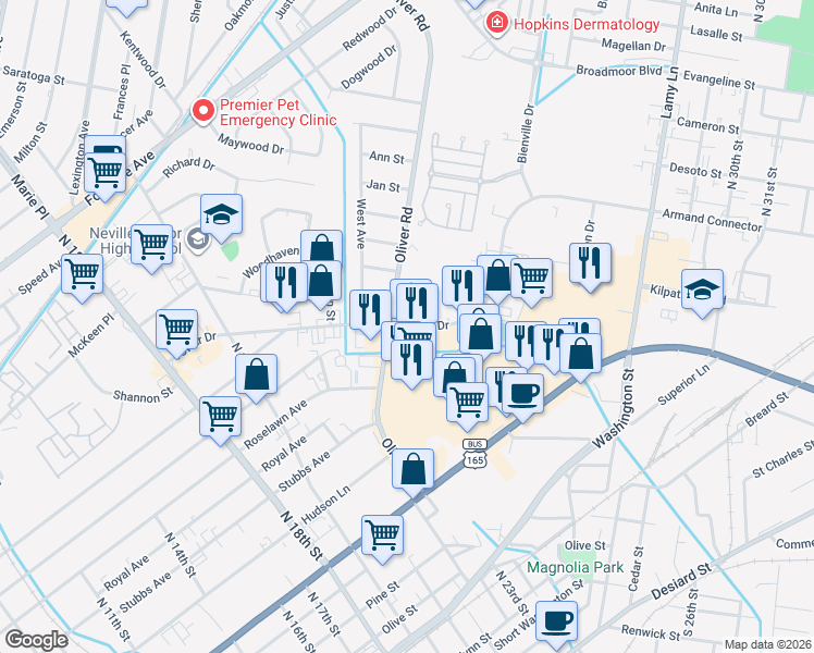 map of restaurants, bars, coffee shops, grocery stores, and more near 2600 Tower Drive in Monroe