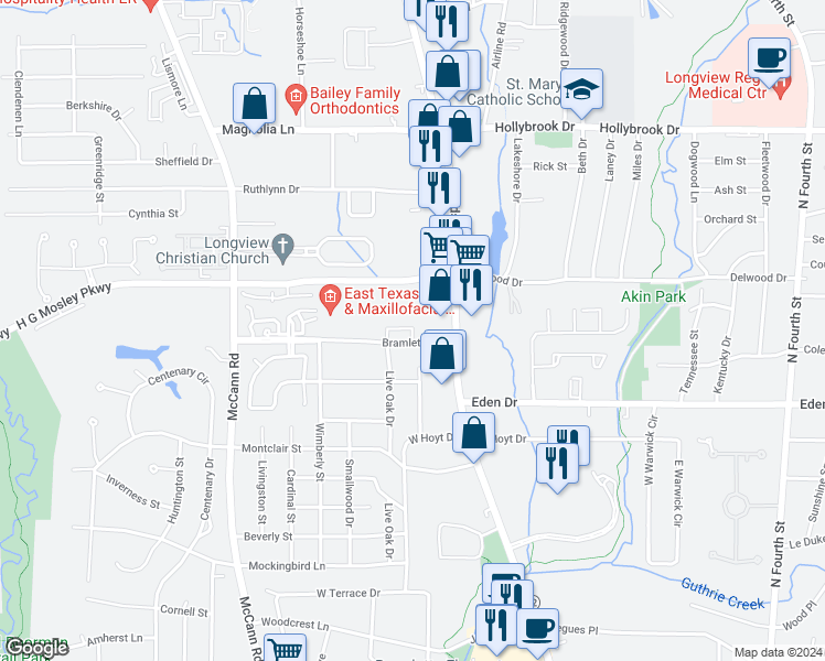 map of restaurants, bars, coffee shops, grocery stores, and more near 130 Woodbine Place in Longview
