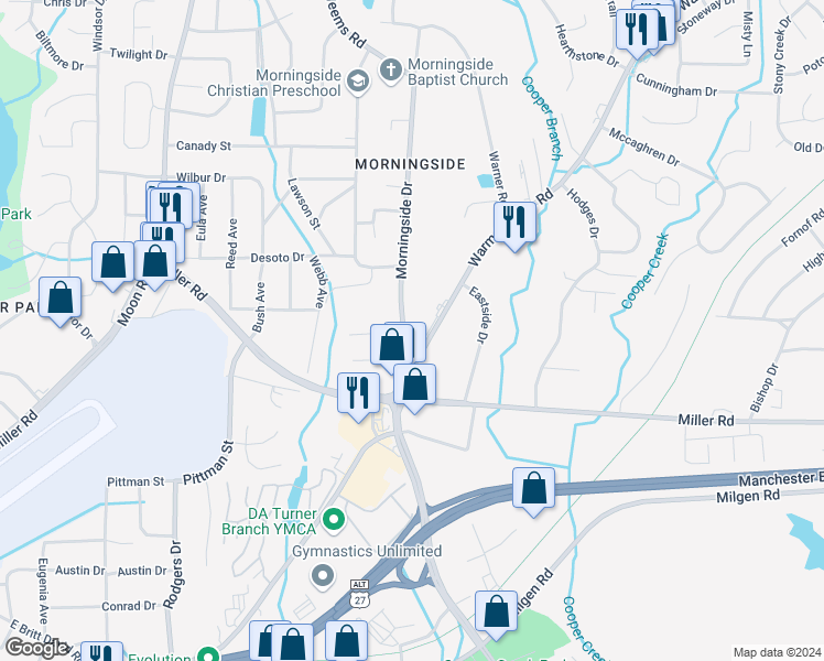 map of restaurants, bars, coffee shops, grocery stores, and more near 4731 Warm Springs Road in Columbus
