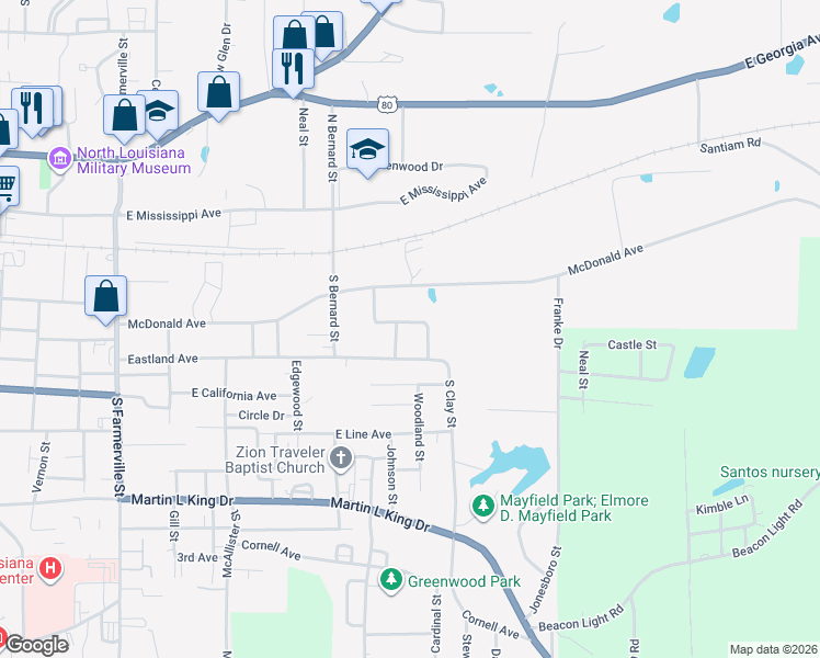 map of restaurants, bars, coffee shops, grocery stores, and more near 1404 Wyoming Avenue in Ruston