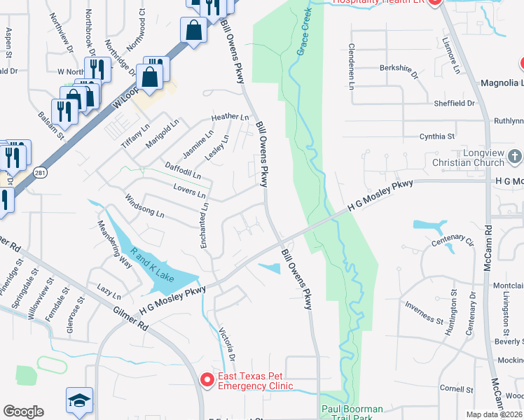 map of restaurants, bars, coffee shops, grocery stores, and more near 1005 Riverwood Drive in Longview