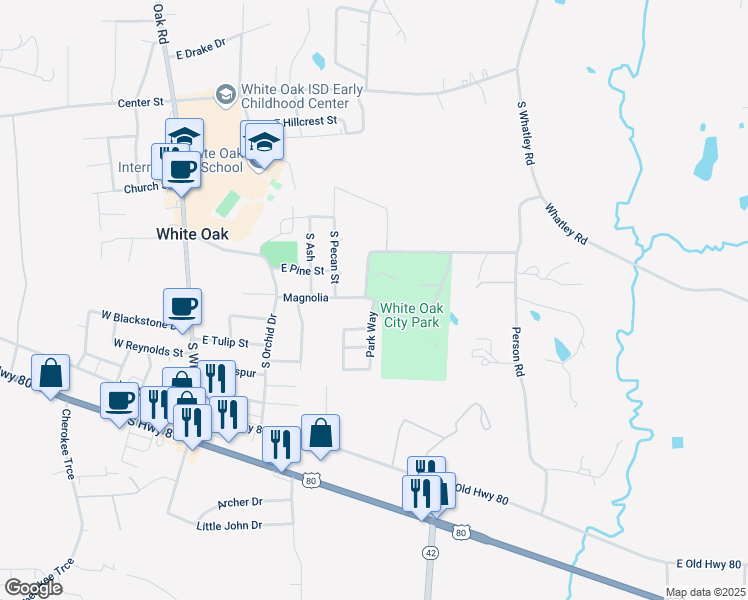 map of restaurants, bars, coffee shops, grocery stores, and more near 311 South Walnut Street in White Oak