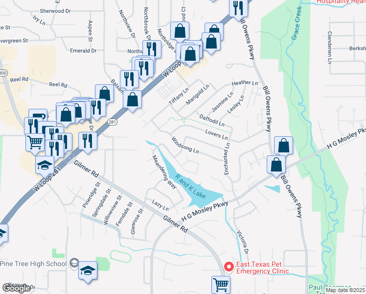 map of restaurants, bars, coffee shops, grocery stores, and more near 1198 Windsong Lane in Longview