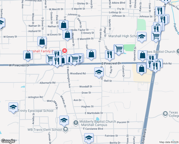 map of restaurants, bars, coffee shops, grocery stores, and more near 403 Woodlawn Estates in Marshall