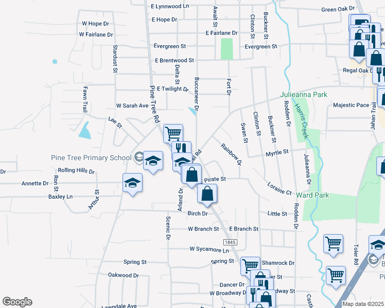 map of restaurants, bars, coffee shops, grocery stores, and more near 1803 Buccaneer Drive in Longview