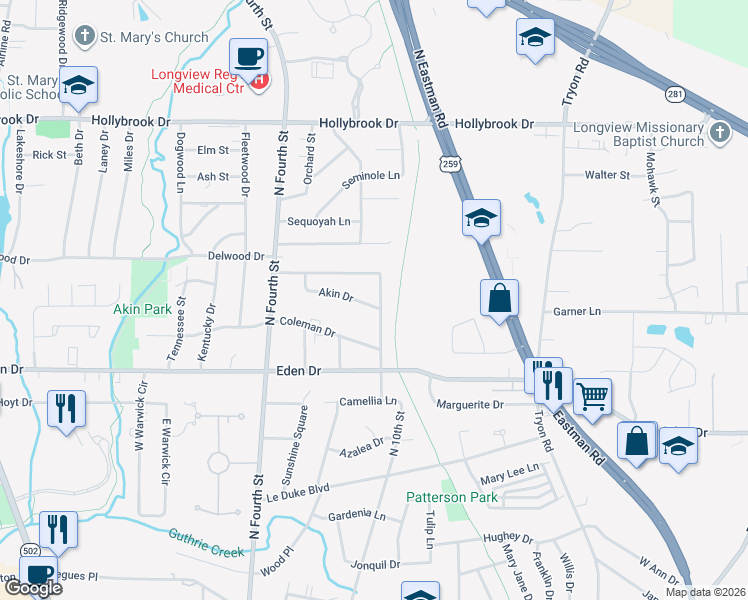 map of restaurants, bars, coffee shops, grocery stores, and more near 1027 Akin Drive in Longview
