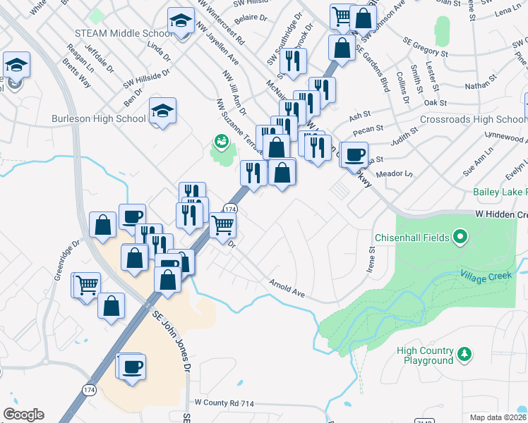 map of restaurants, bars, coffee shops, grocery stores, and more near 201 Miles Avenue in Burleson