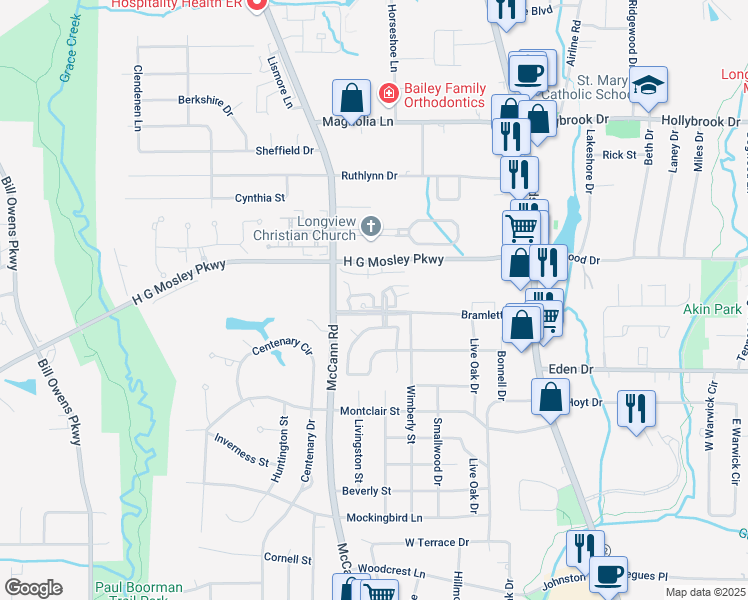 map of restaurants, bars, coffee shops, grocery stores, and more near Bramlette Place in Longview