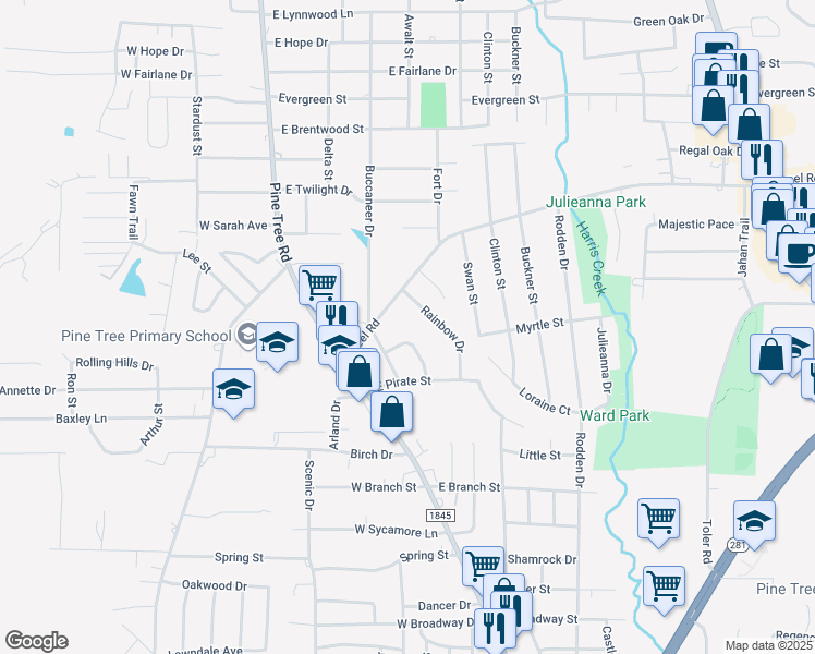 map of restaurants, bars, coffee shops, grocery stores, and more near 1721 Rainbow Drive in Longview