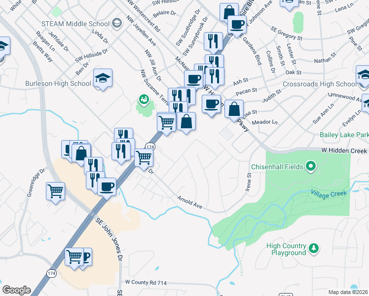 map of restaurants, bars, coffee shops, grocery stores, and more near 201 Miles Avenue in Burleson