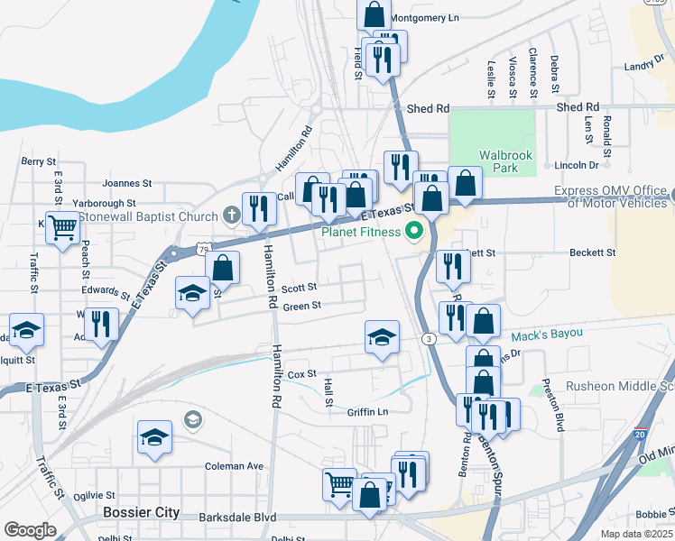 map of restaurants, bars, coffee shops, grocery stores, and more near 719 Ward Street in Bossier City