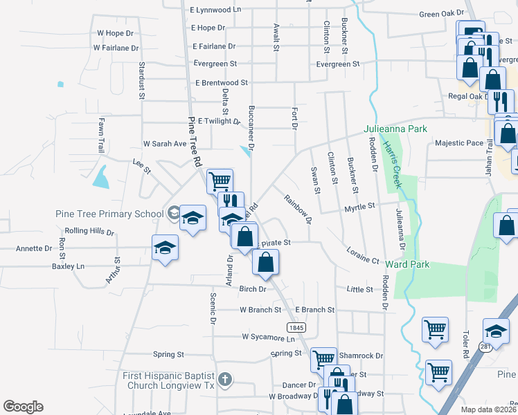 map of restaurants, bars, coffee shops, grocery stores, and more near 1714 Buccaneer Drive in Longview
