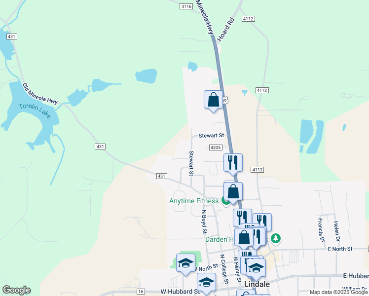 map of restaurants, bars, coffee shops, grocery stores, and more near 900 Stewart Street in Lindale