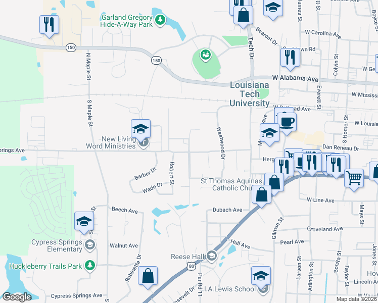 map of restaurants, bars, coffee shops, grocery stores, and more near 401 University Boulevard in Ruston