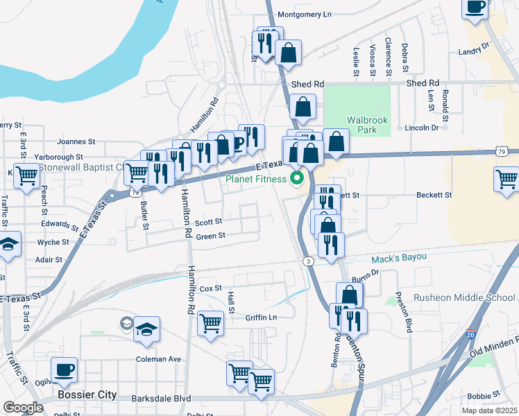map of restaurants, bars, coffee shops, grocery stores, and more near 706 Dickerson Street in Bossier City