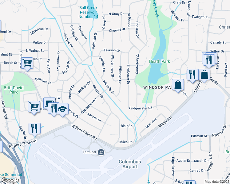 map of restaurants, bars, coffee shops, grocery stores, and more near 5638 Winvelly Drive in Columbus