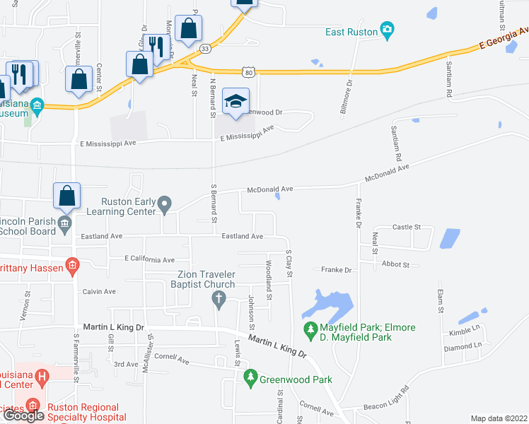 map of restaurants, bars, coffee shops, grocery stores, and more near 1407 Wyoming Avenue in Ruston