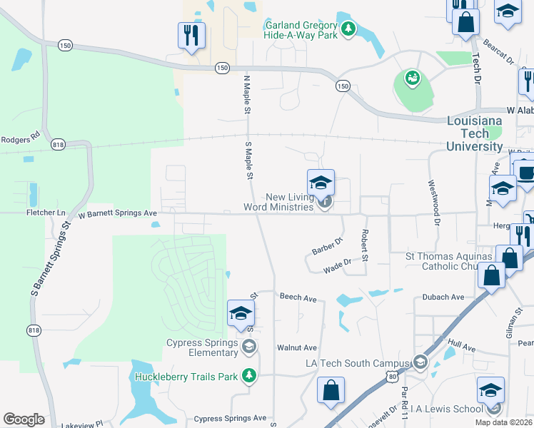 map of restaurants, bars, coffee shops, grocery stores, and more near 2100 West Barnett Springs Avenue in Ruston