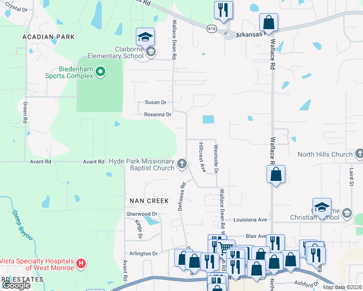 map of restaurants, bars, coffee shops, grocery stores, and more near 737 Wallace Dean Rd in West Monroe
