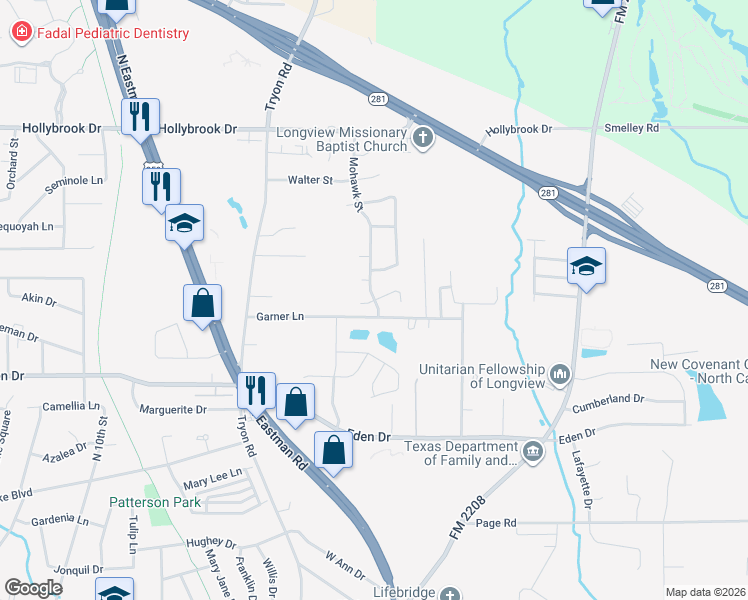 map of restaurants, bars, coffee shops, grocery stores, and more near 47 Mohawk Street in Longview