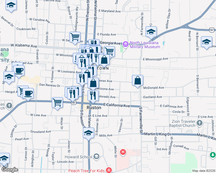 map of restaurants, bars, coffee shops, grocery stores, and more near 307 South Sparta Street in Ruston