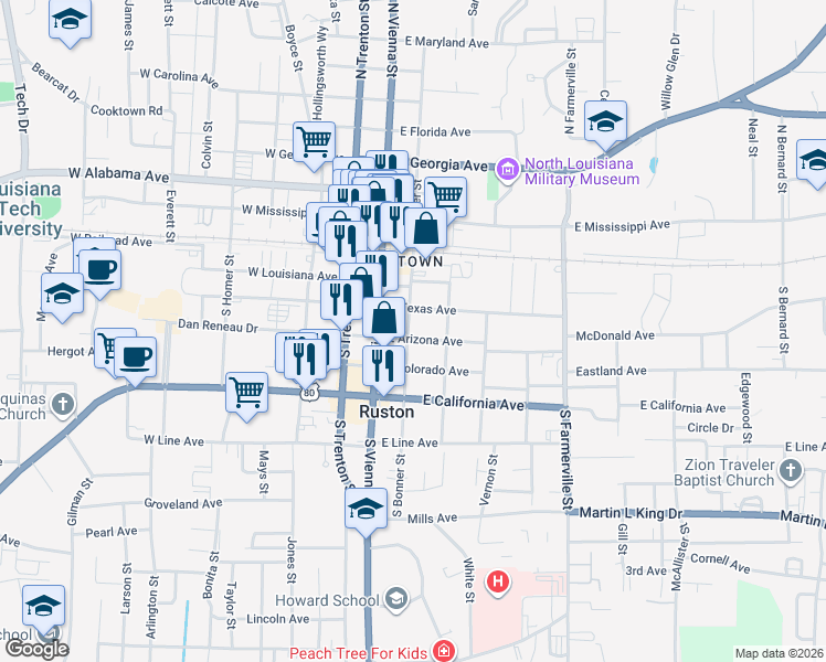 map of restaurants, bars, coffee shops, grocery stores, and more near 311 South Bonner Street in Ruston