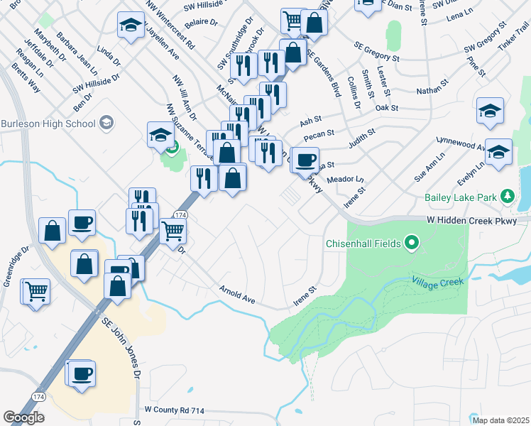 map of restaurants, bars, coffee shops, grocery stores, and more near 271 Vaden Avenue in Burleson