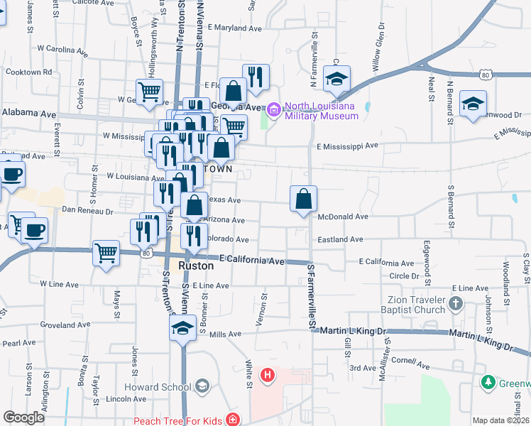 map of restaurants, bars, coffee shops, grocery stores, and more near 307 Vernon Street in Ruston