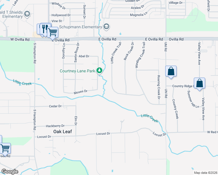 map of restaurants, bars, coffee shops, grocery stores, and more near 603 Little Creek Trail in Oak Leaf