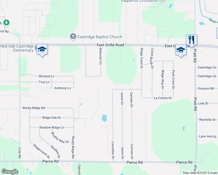 map of restaurants, bars, coffee shops, grocery stores, and more near 151 Lassetter Drive in Red Oak