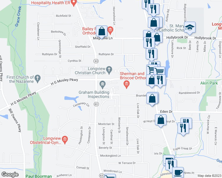 map of restaurants, bars, coffee shops, grocery stores, and more near 5 Bramlette Place in Longview