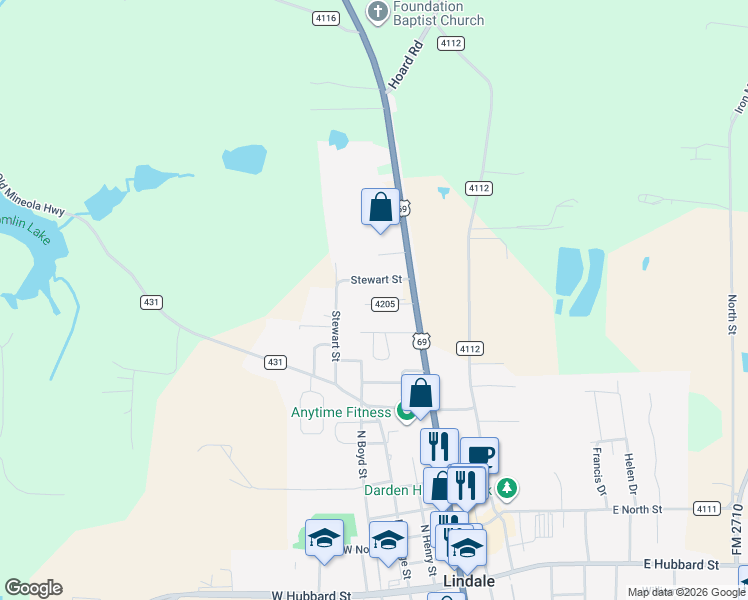 map of restaurants, bars, coffee shops, grocery stores, and more near 209 Freeman Street in Lindale