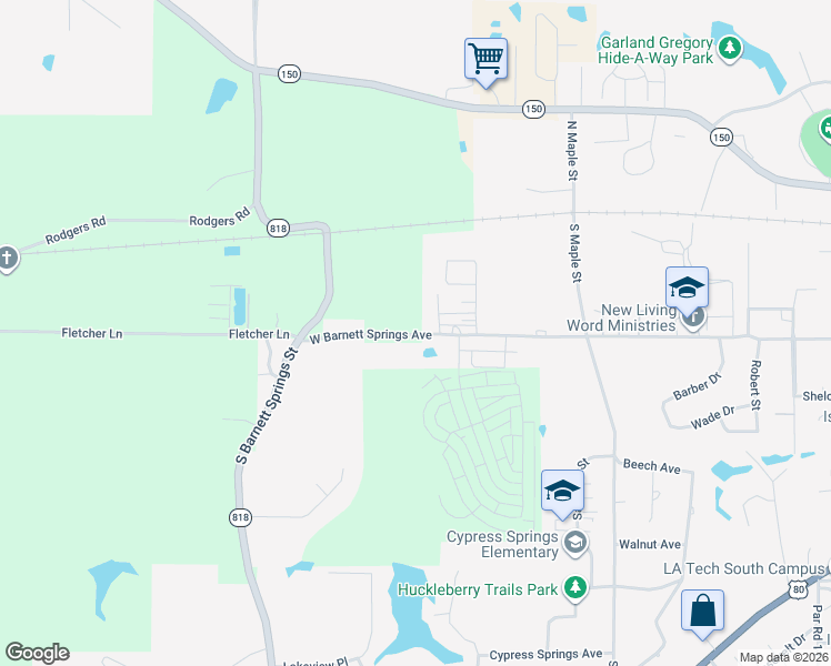 map of restaurants, bars, coffee shops, grocery stores, and more near 2611 West Barnett Springs Avenue in Ruston