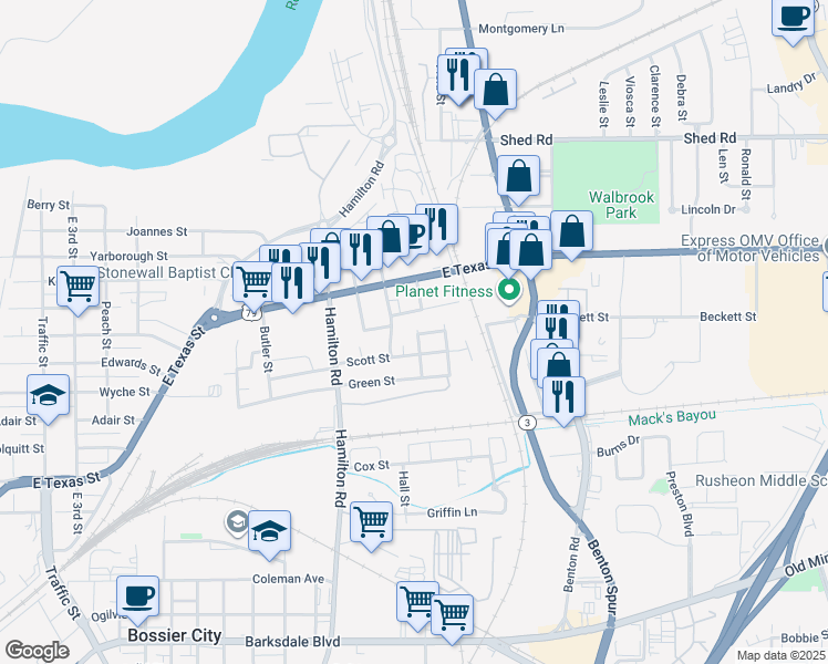 map of restaurants, bars, coffee shops, grocery stores, and more near 719 Ward Street in Bossier City
