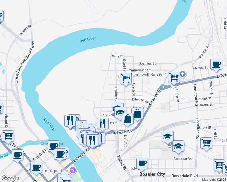map of restaurants, bars, coffee shops, grocery stores, and more near 119 1/2 Thompson Street in Bossier City