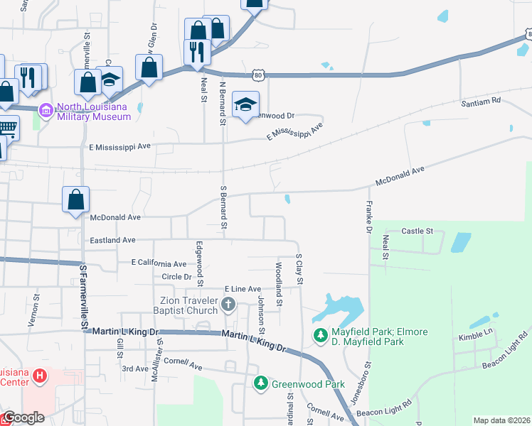 map of restaurants, bars, coffee shops, grocery stores, and more near 1303 Wyoming Avenue in Ruston