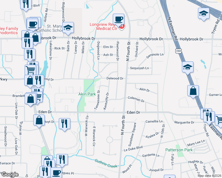 map of restaurants, bars, coffee shops, grocery stores, and more near 2309 Fleetwood Drive in Longview