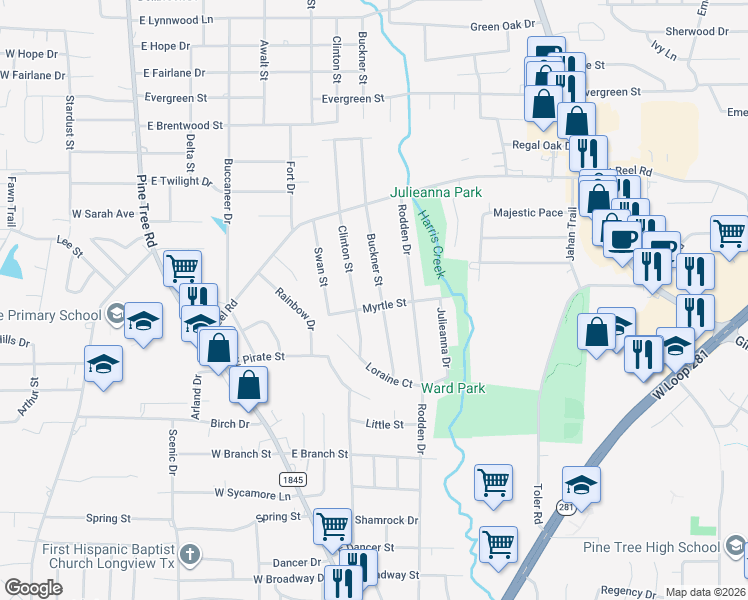 map of restaurants, bars, coffee shops, grocery stores, and more near 1800 Buckner Drive in Longview