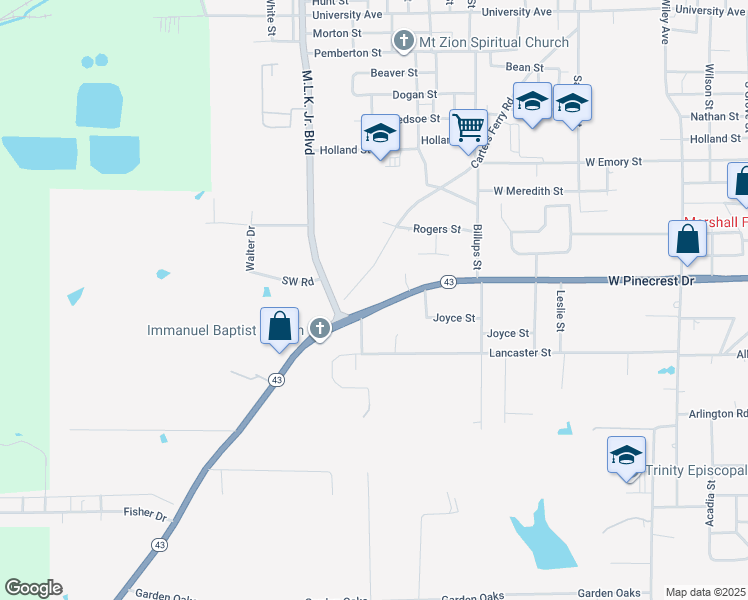 map of restaurants, bars, coffee shops, grocery stores, and more near 2207 West Pinecrest Drive in Marshall