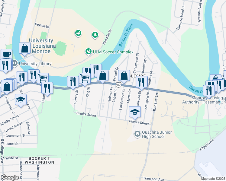 map of restaurants, bars, coffee shops, grocery stores, and more near 111 Logan Lane in Monroe