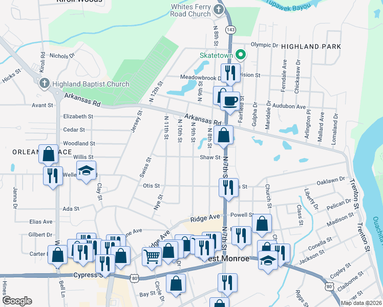 map of restaurants, bars, coffee shops, grocery stores, and more near 2604 N 10th St in West Monroe