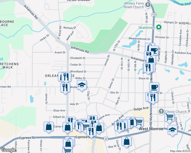 map of restaurants, bars, coffee shops, grocery stores, and more near 1408 Willis St in West Monroe
