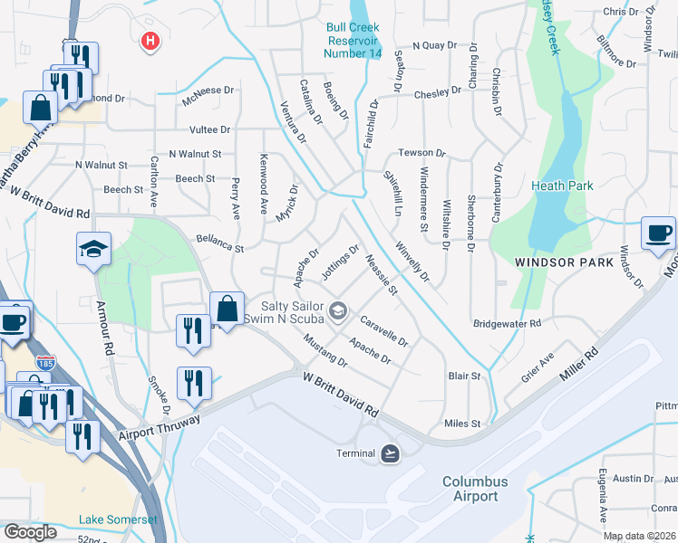 map of restaurants, bars, coffee shops, grocery stores, and more near 3230 Jottings Drive in Columbus