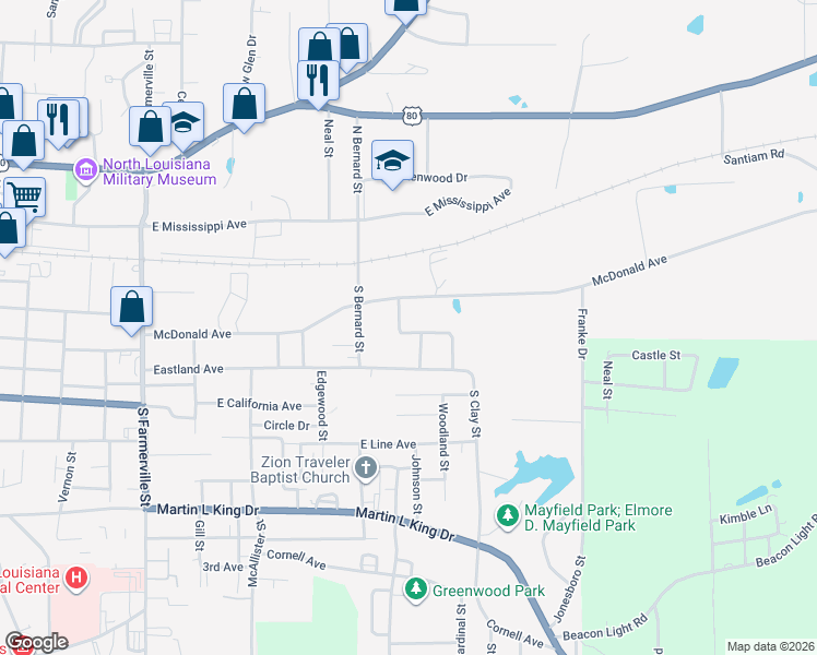 map of restaurants, bars, coffee shops, grocery stores, and more near 1303 Wyoming Avenue in Ruston